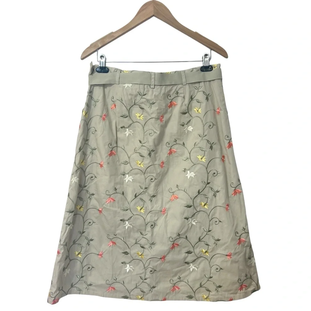 Orvis Tan Floral Embroidered A-Line  Cottagecore Grannycore Midi Skirt Cotton 14